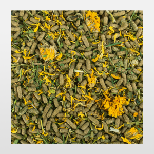 multi-ingredient food with parsley leaves, marigold flowers, leaves of blackberries and leaves of dandelion
